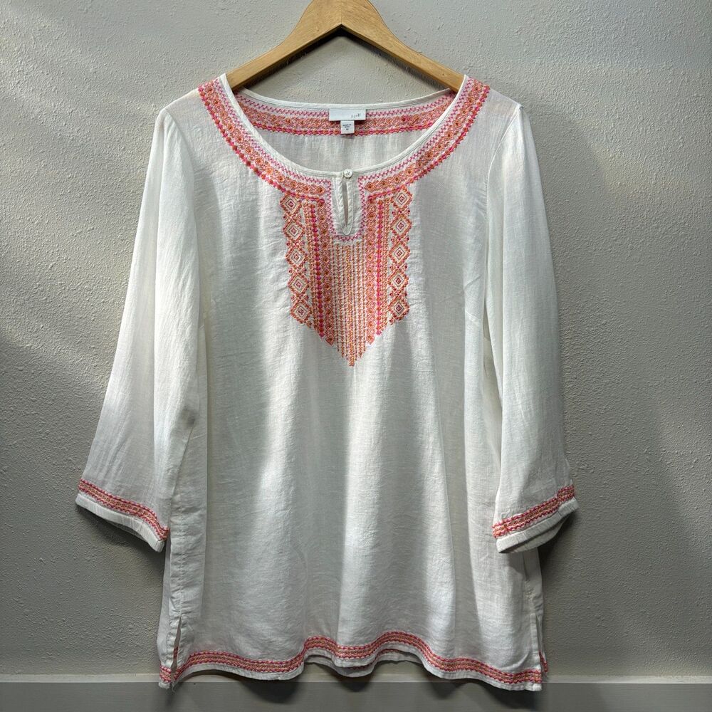 J. Jill Women's Linen Blend White Embroidered Peasant Top Blouse Sz M